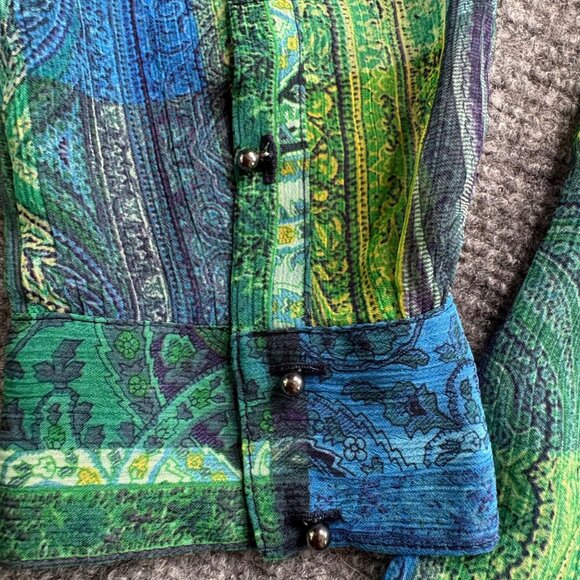 Liz Claiborne Top Womens L Green Blue Paisley Popover Blouse Sheer Silver Button - Picture 5 of 13